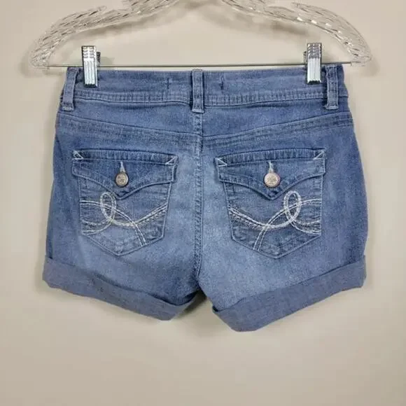 No Boundaries Denim Shorts Blue Mid Rise Women Size 5 Cotton Blend Stretch Jean - Picture 4 of 8